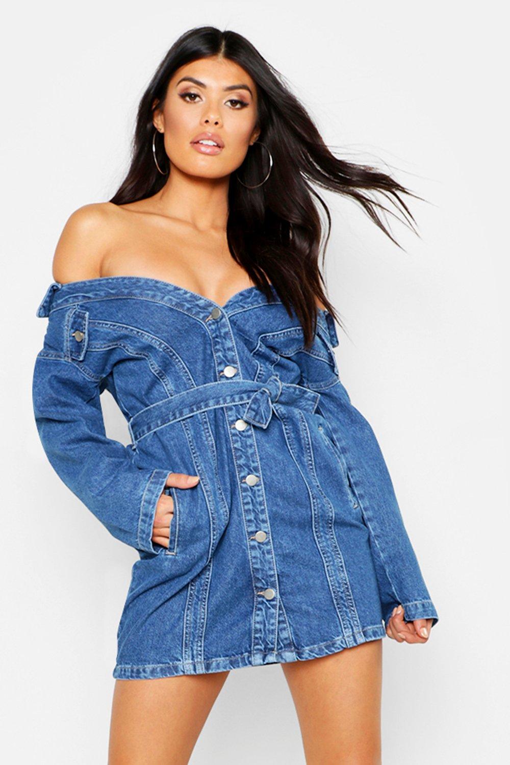 off the shoulder denim dress boohoo