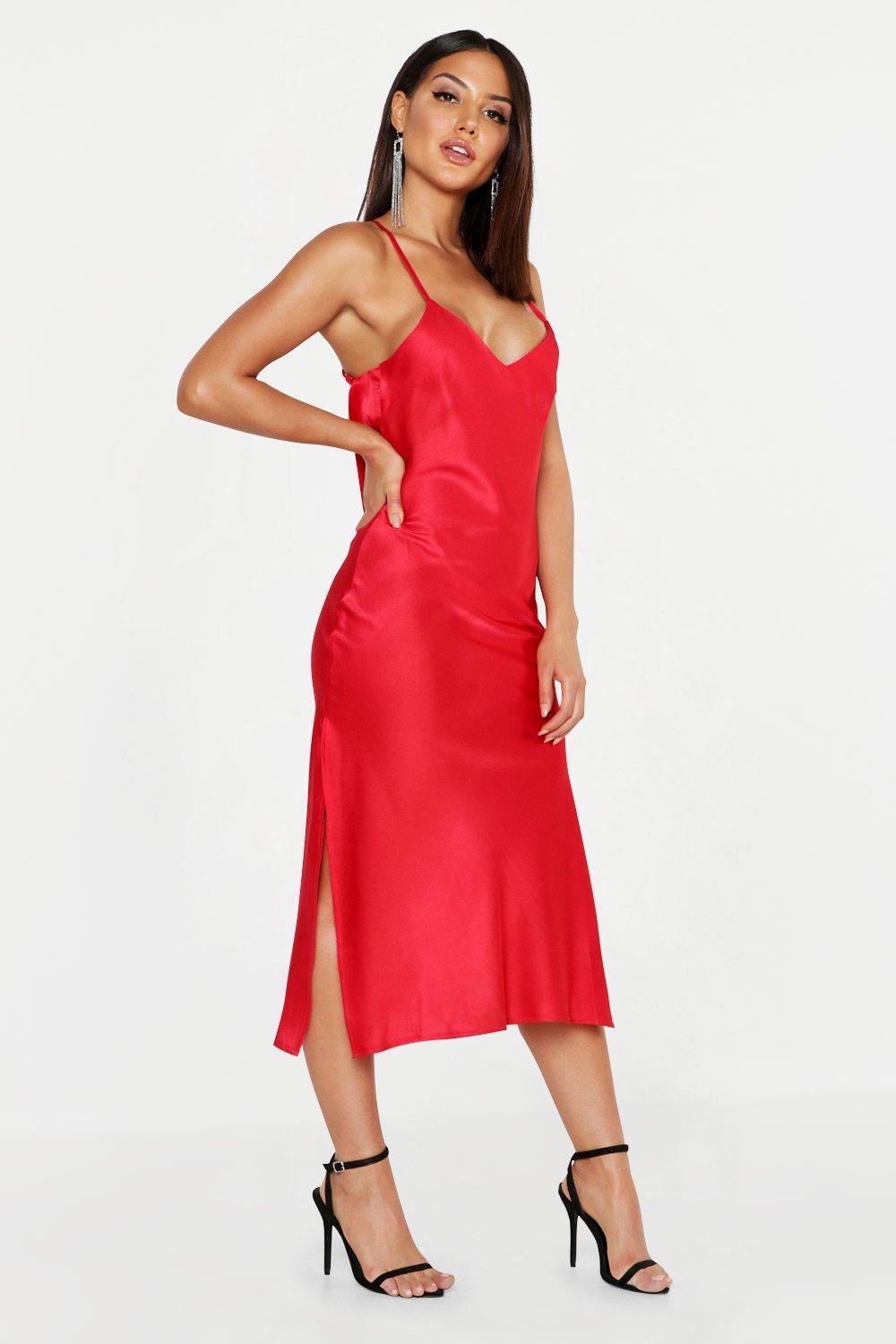 satin cowl back midi slip dress