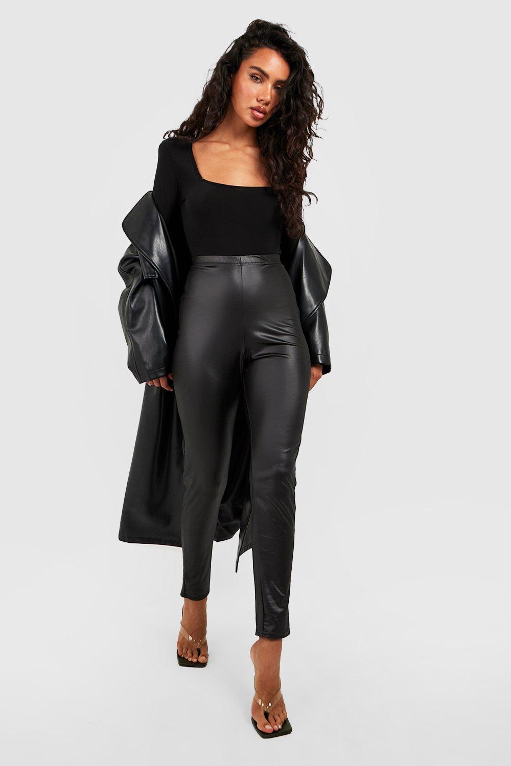Womens Leather Look Stretch Leggings - black