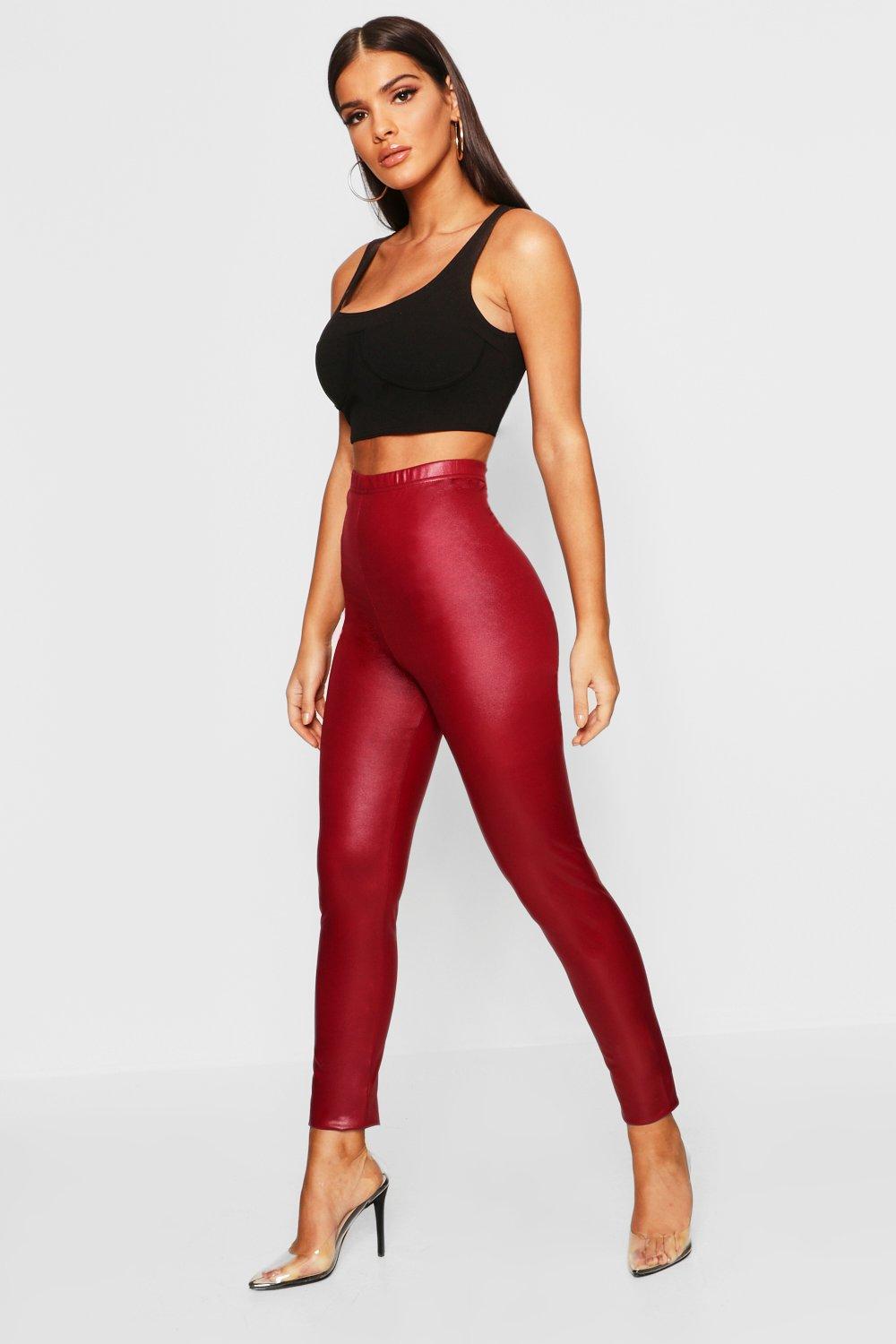Womens Leather Look Stretch Leggings - red