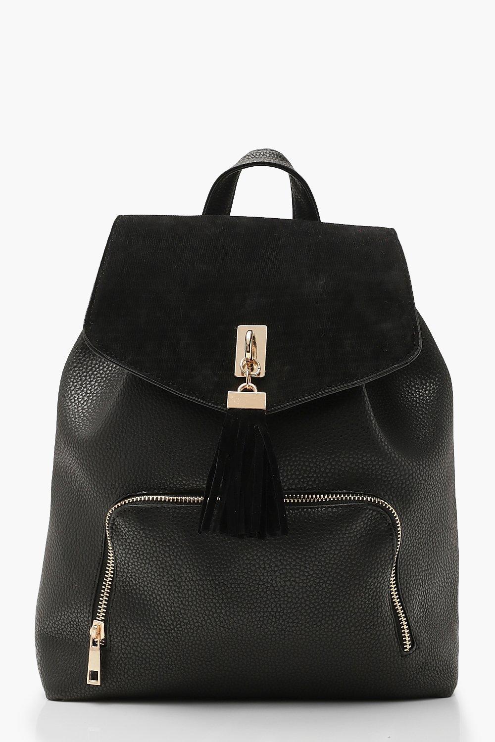 Womens Suedette Tassel Trim Backpack - Black - One Size, Black