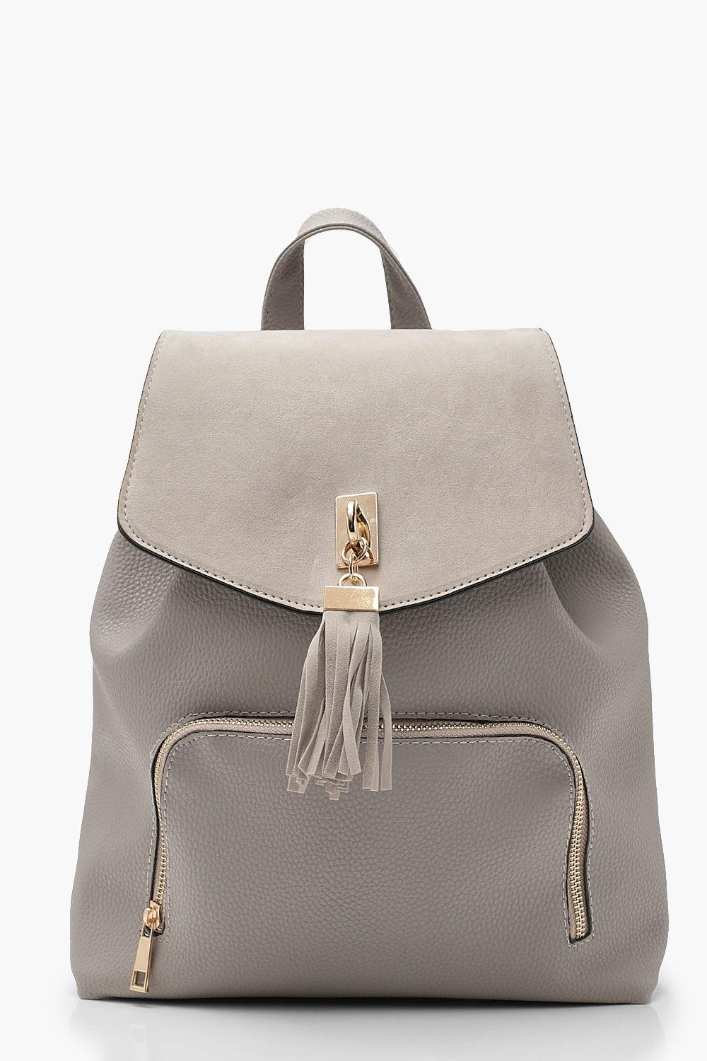 Womens Suedette Tassel Trim Backpack - Grey - One Size, Grey