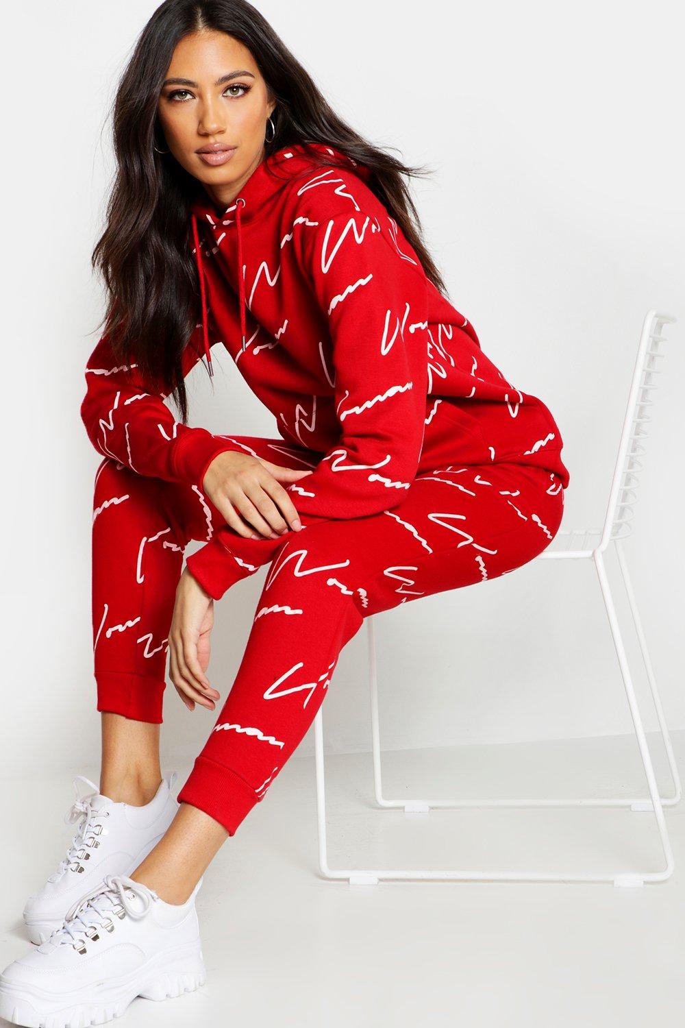 red ladies tracksuit