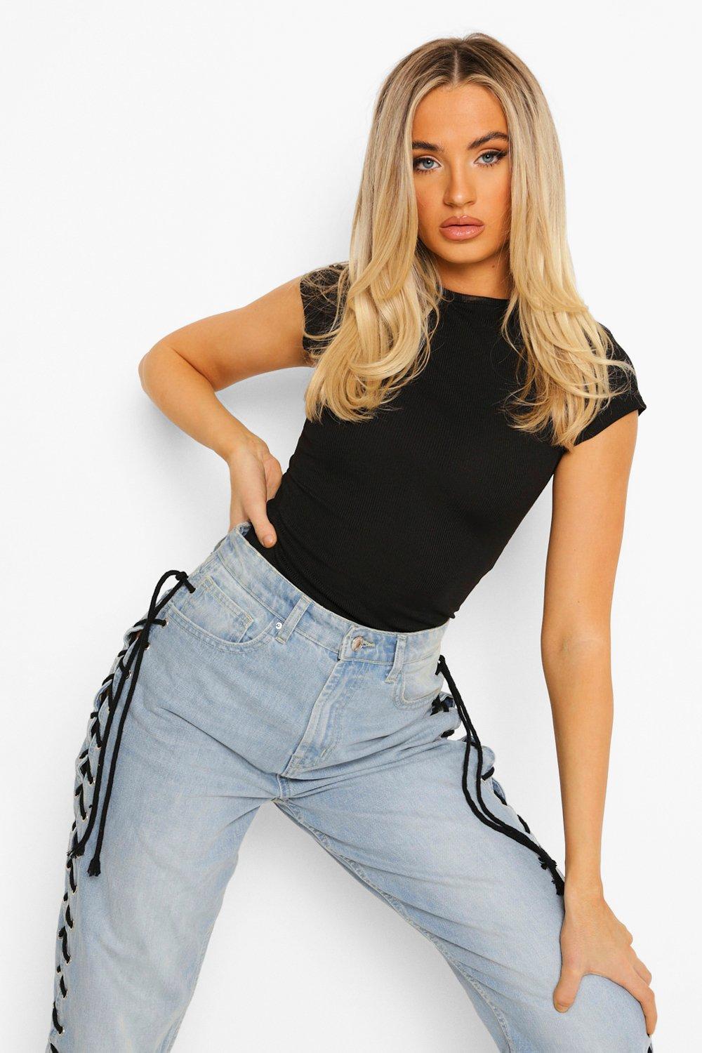 

Боди Basic в рубчик с короткими рукавами, Black