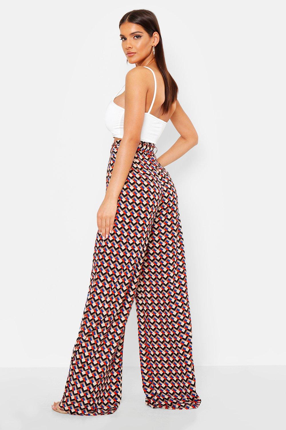 

Geo Print Belted Wide Leg Trouser, Black