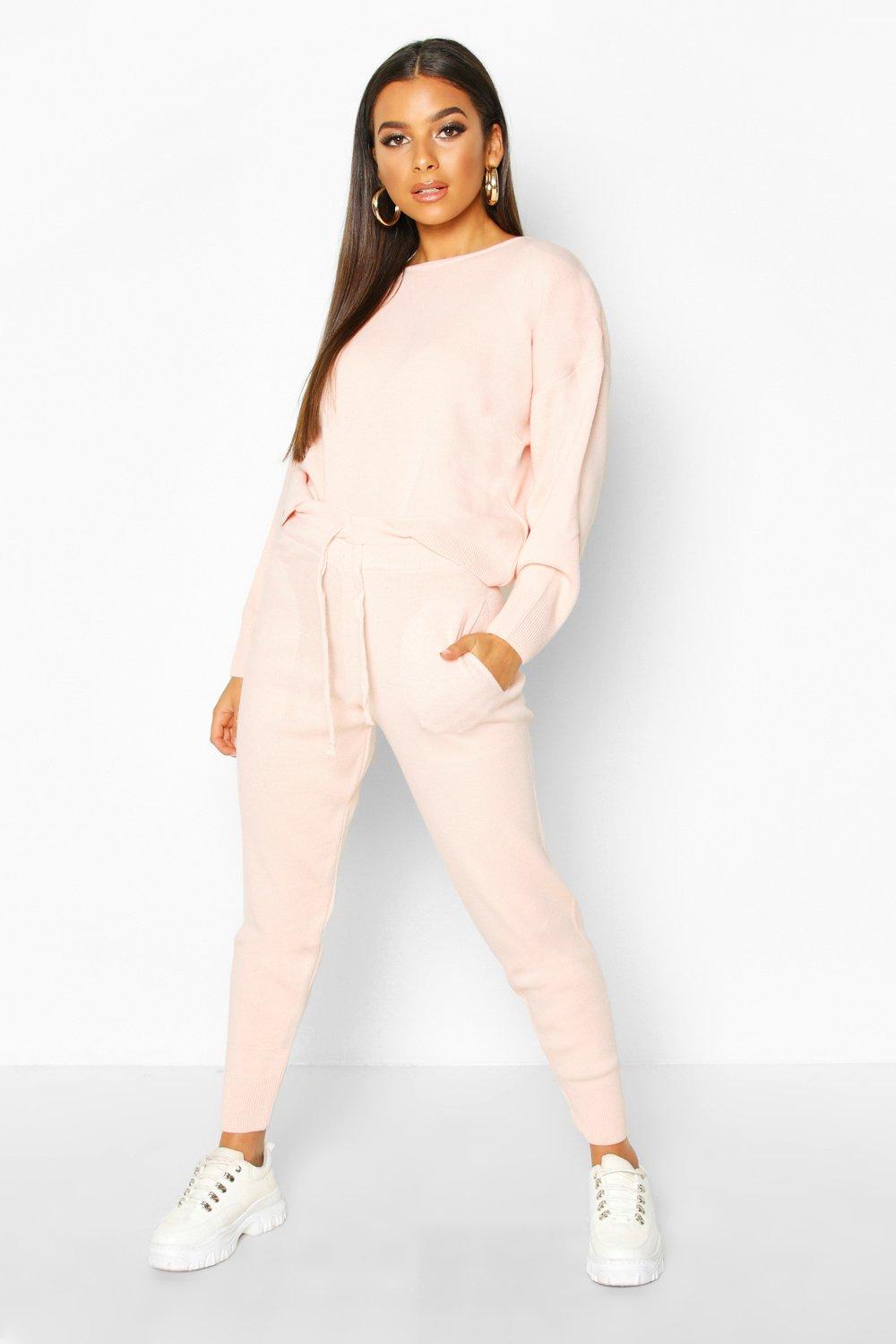 

Вязаный укороченный комплект с широким вырезом, Baby pink