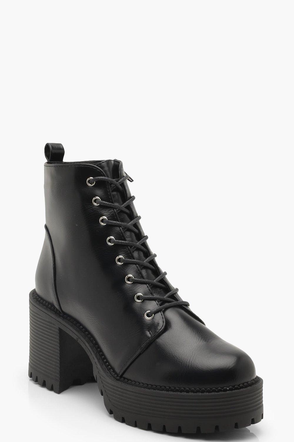 

Chunky Lace Up Cleated Boots, Black