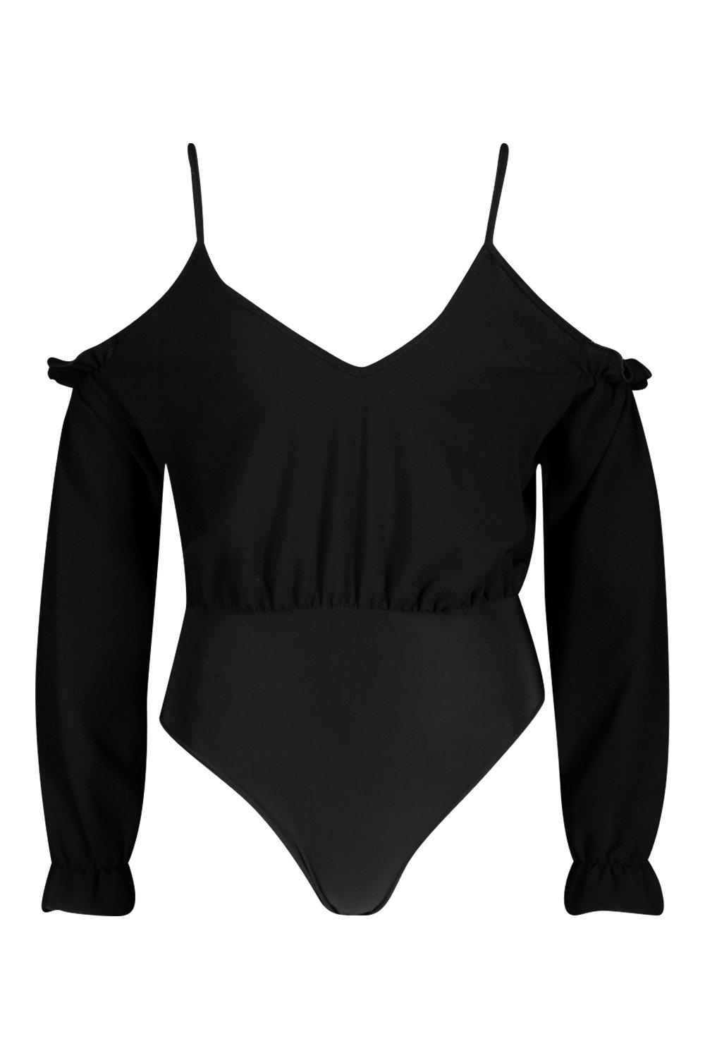 

Боди из ткани с открытыми плечами и оборками, Black