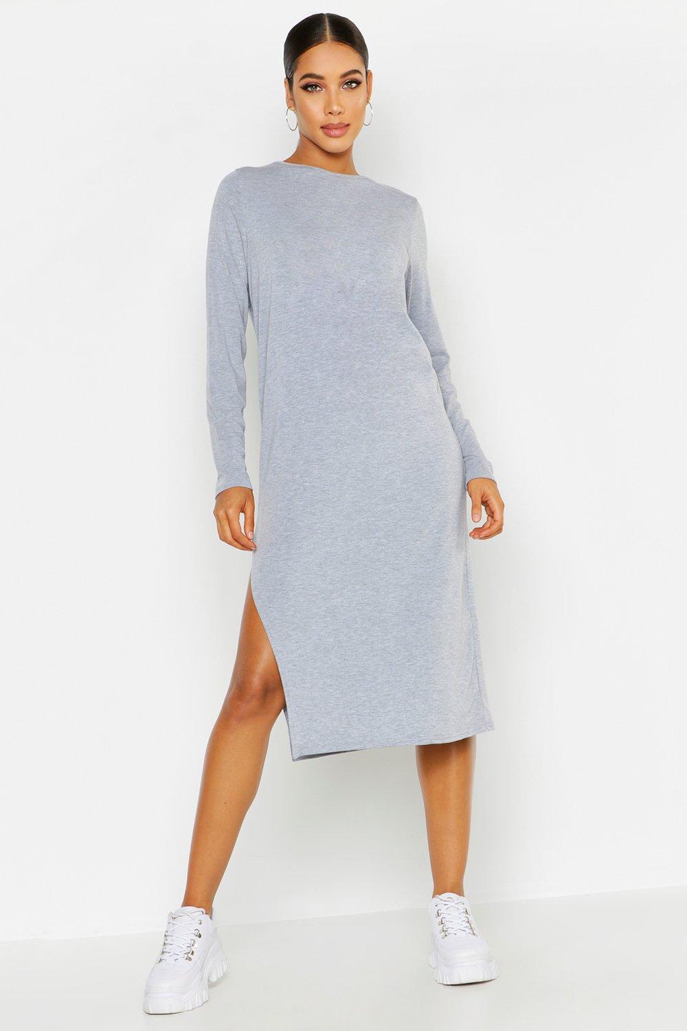  Long  Sleeve  Split Midi  T Shirt  Dress  Boohoo