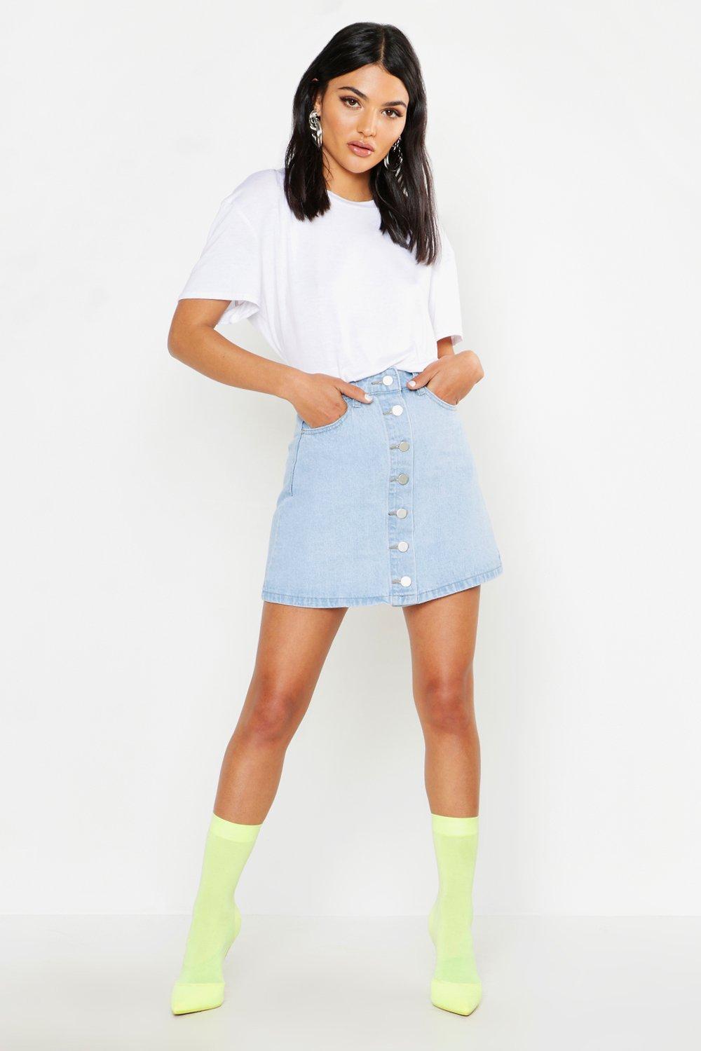 button front denim mini skirt