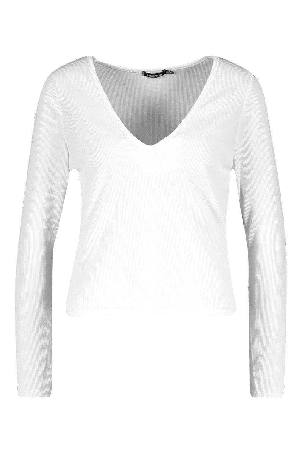

Футболка Basic с глубоким декольте и длинными рукавами из ткани в рубчик, White