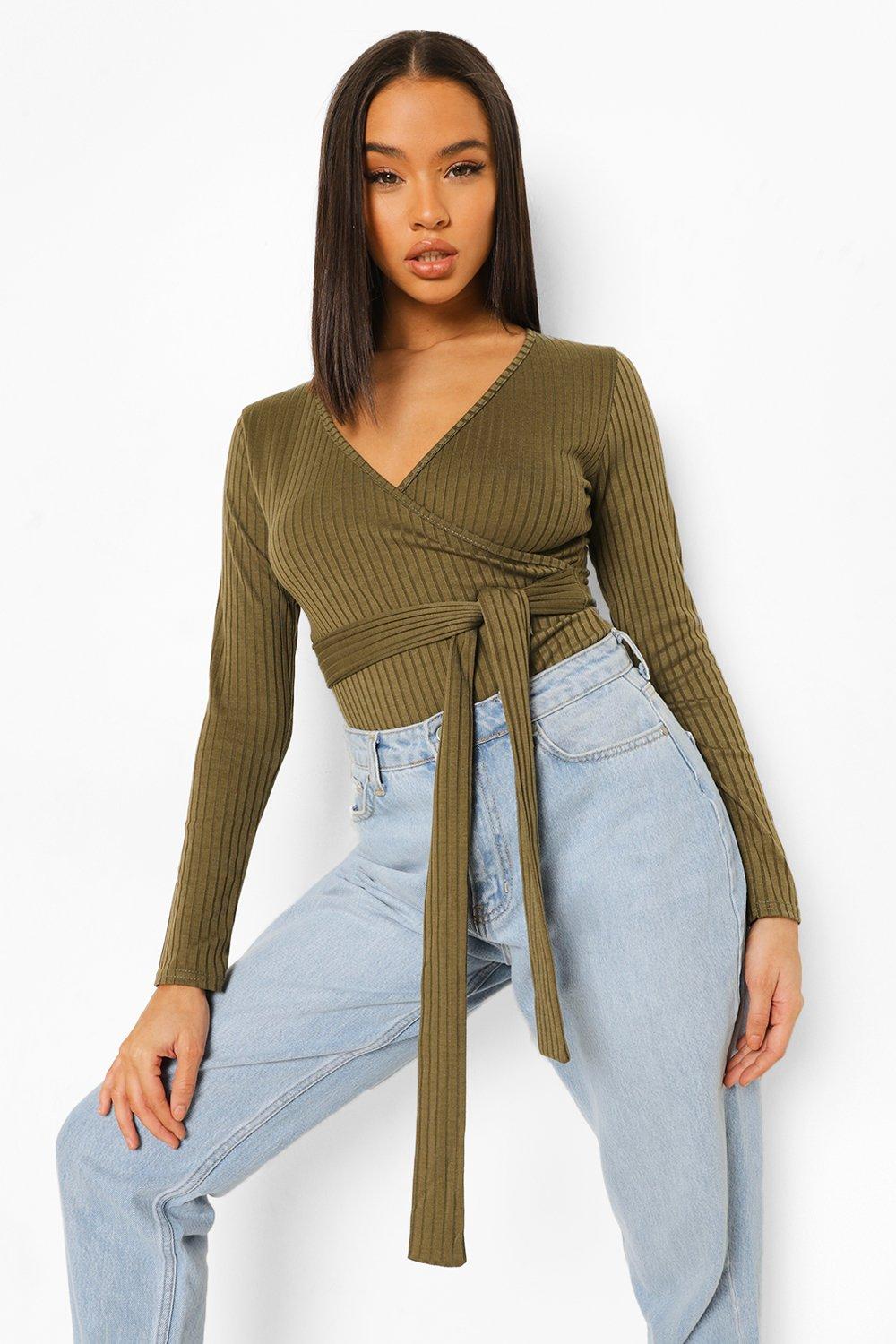 

Боди с запахом спереди из ткани в рубчик, Khaki