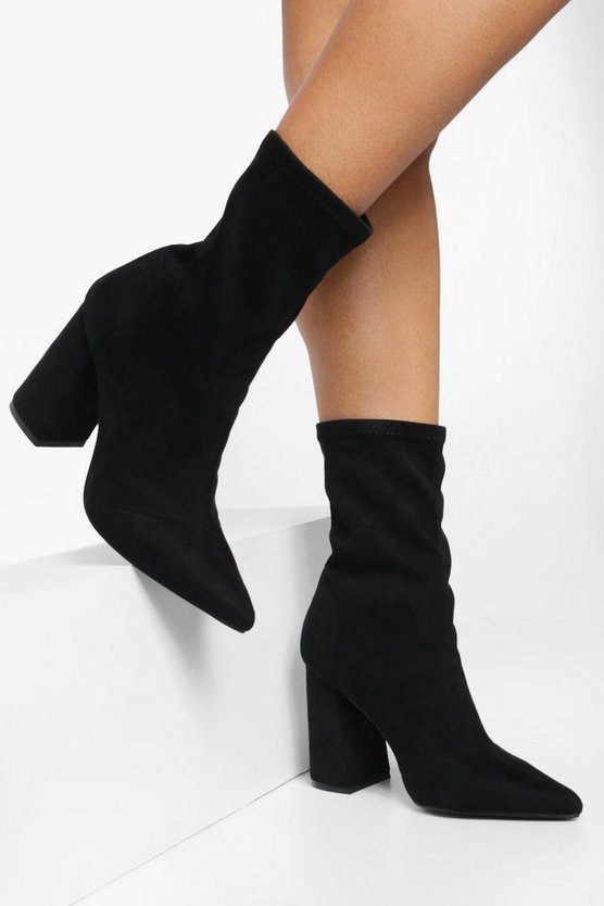 Pointed Block Heel Sock Boots | Boohoo