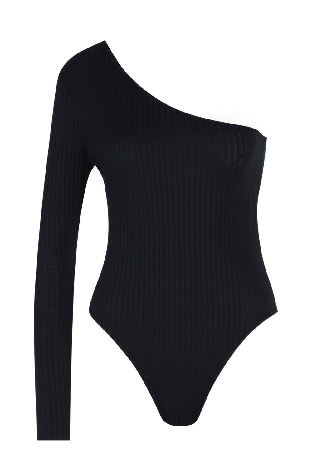 

Боди с открытым плечом из ткани в крупный рубчик, Black