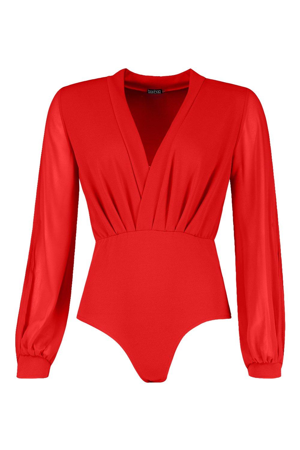 

Боди из шифона с запахом с рукавами с разрезами, Red