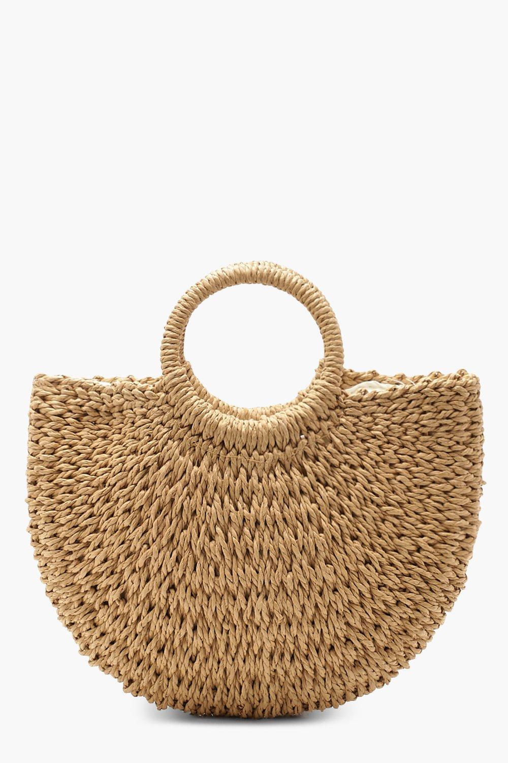 Womens Circle Handle Straw Bag - Small - Beige - One Size, Beige