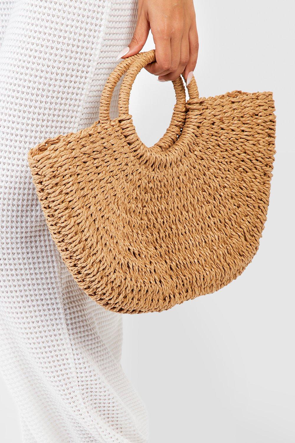 Womens Circle Handle Straw Bag - Large - Beige - One Size, Beige