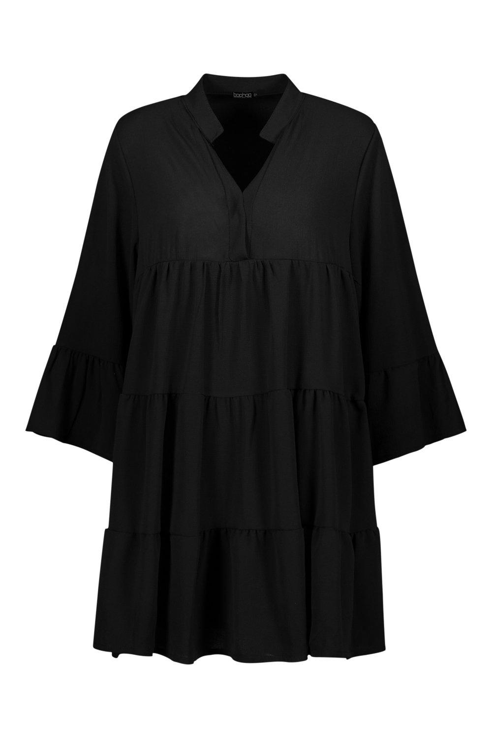 

Тканое многоярусное платье-рубашка, Black