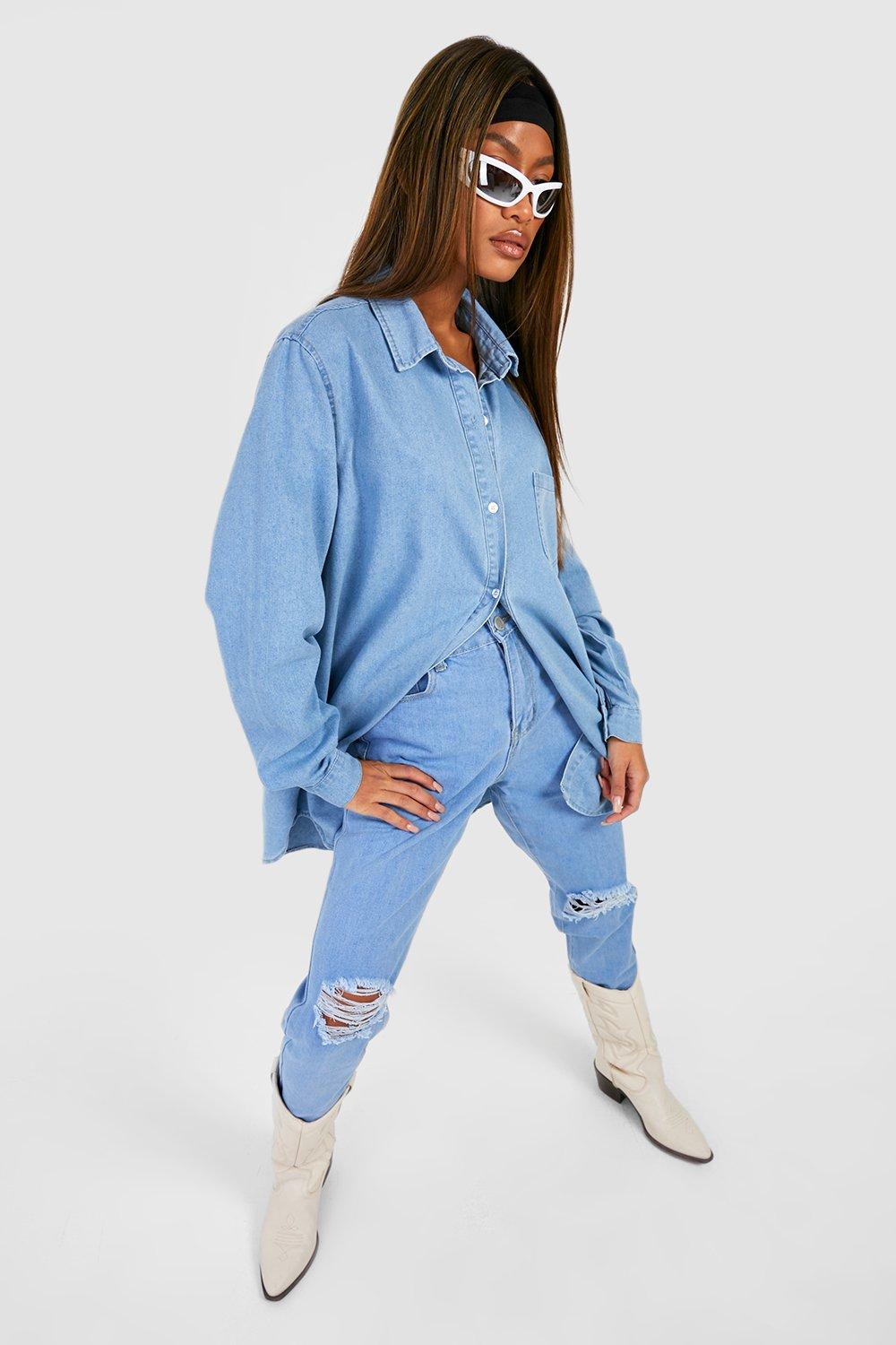 

С высокой талией Мамины джинсы с эффектом поношенности, Light blue