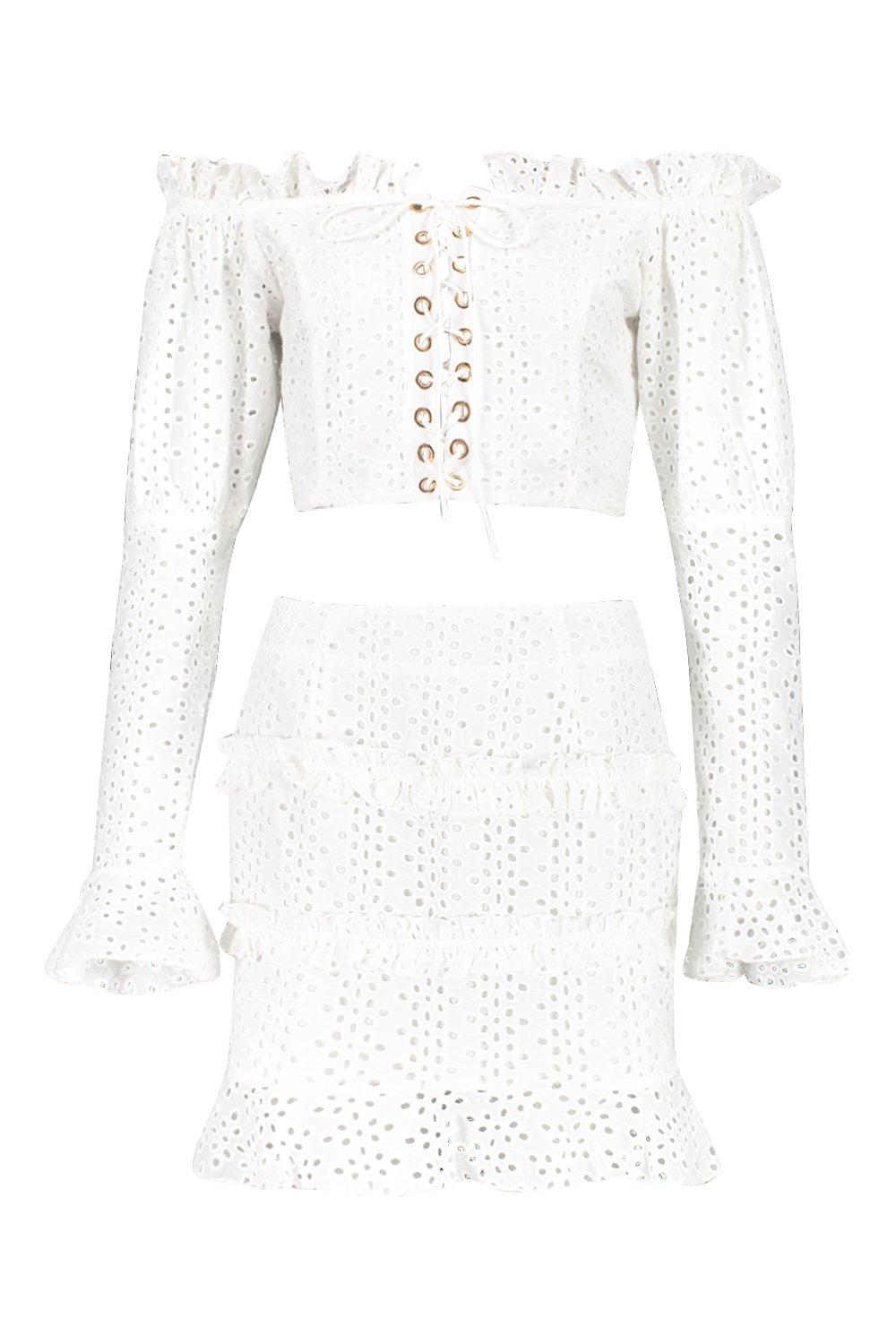 

Плетеные Broidery топ со шнуровкой + мини-юбка , комплект, White