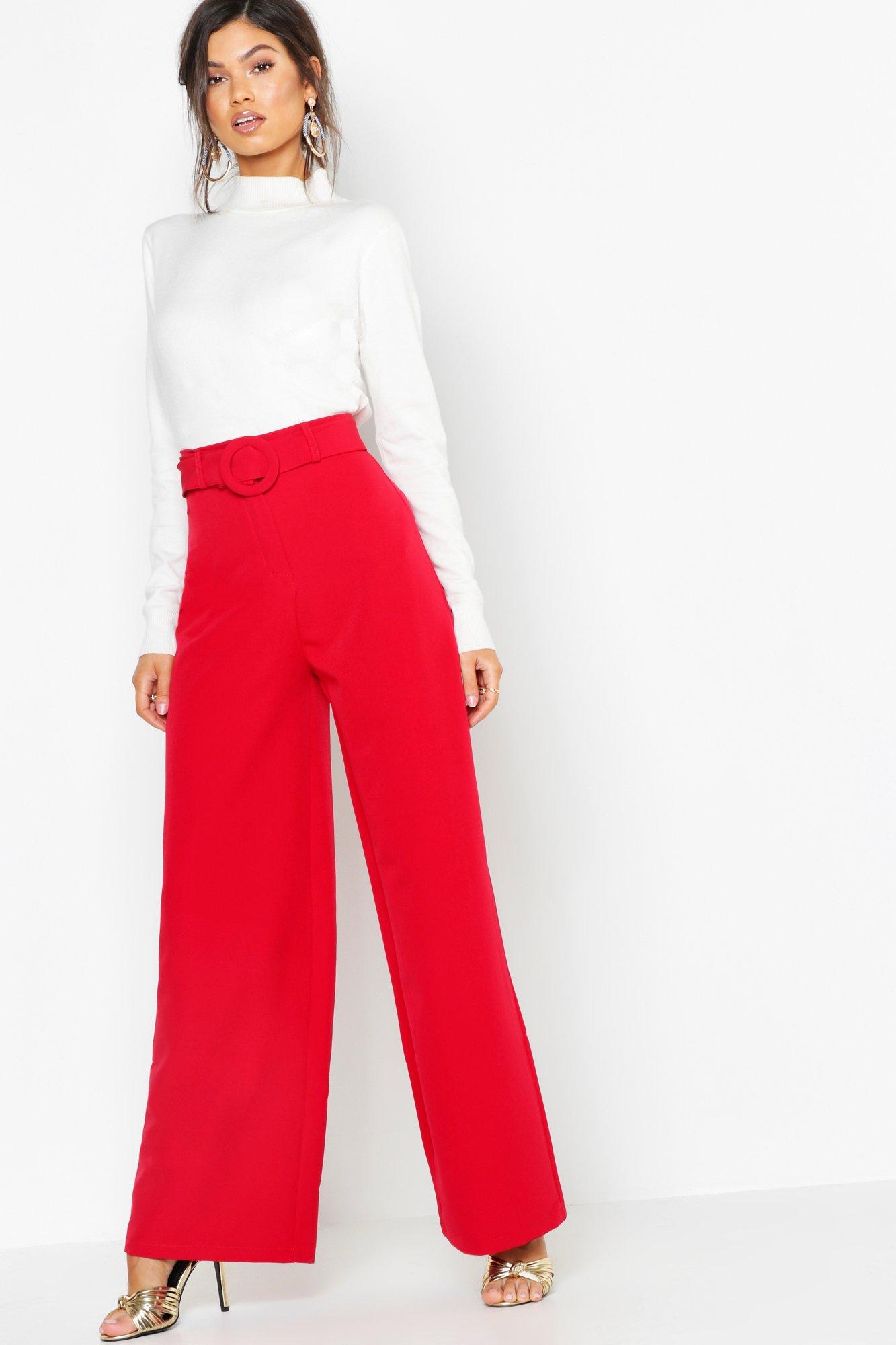 red high waisted wide leg pants