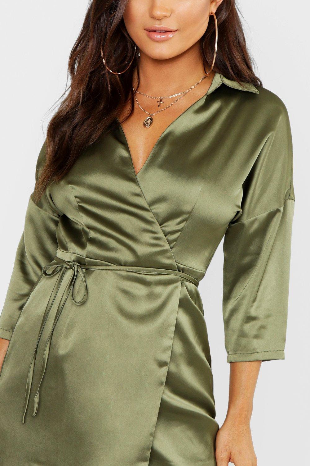 khaki satin wrap dress