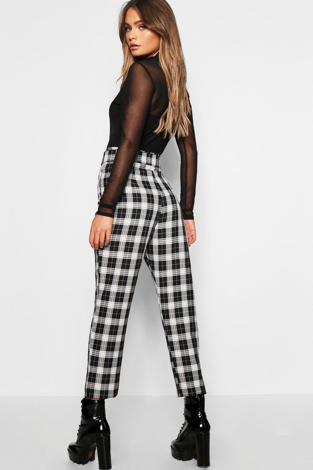 Woven Tartan Check Tie Waist Slimline Pants Boohoo