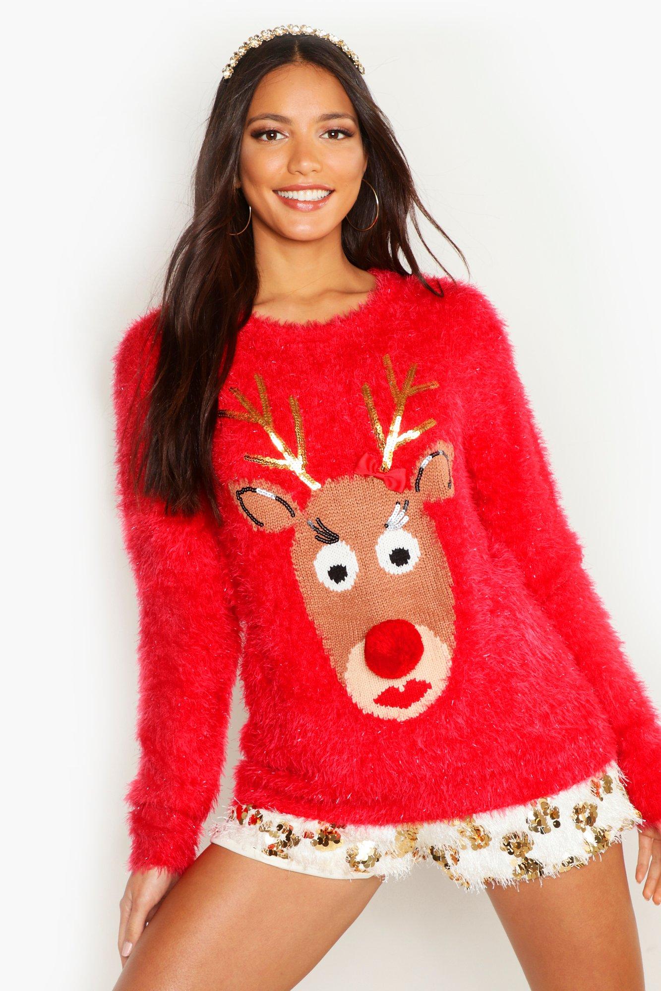 

Reindeer Fluffy Knit Christmas Jumper, Red