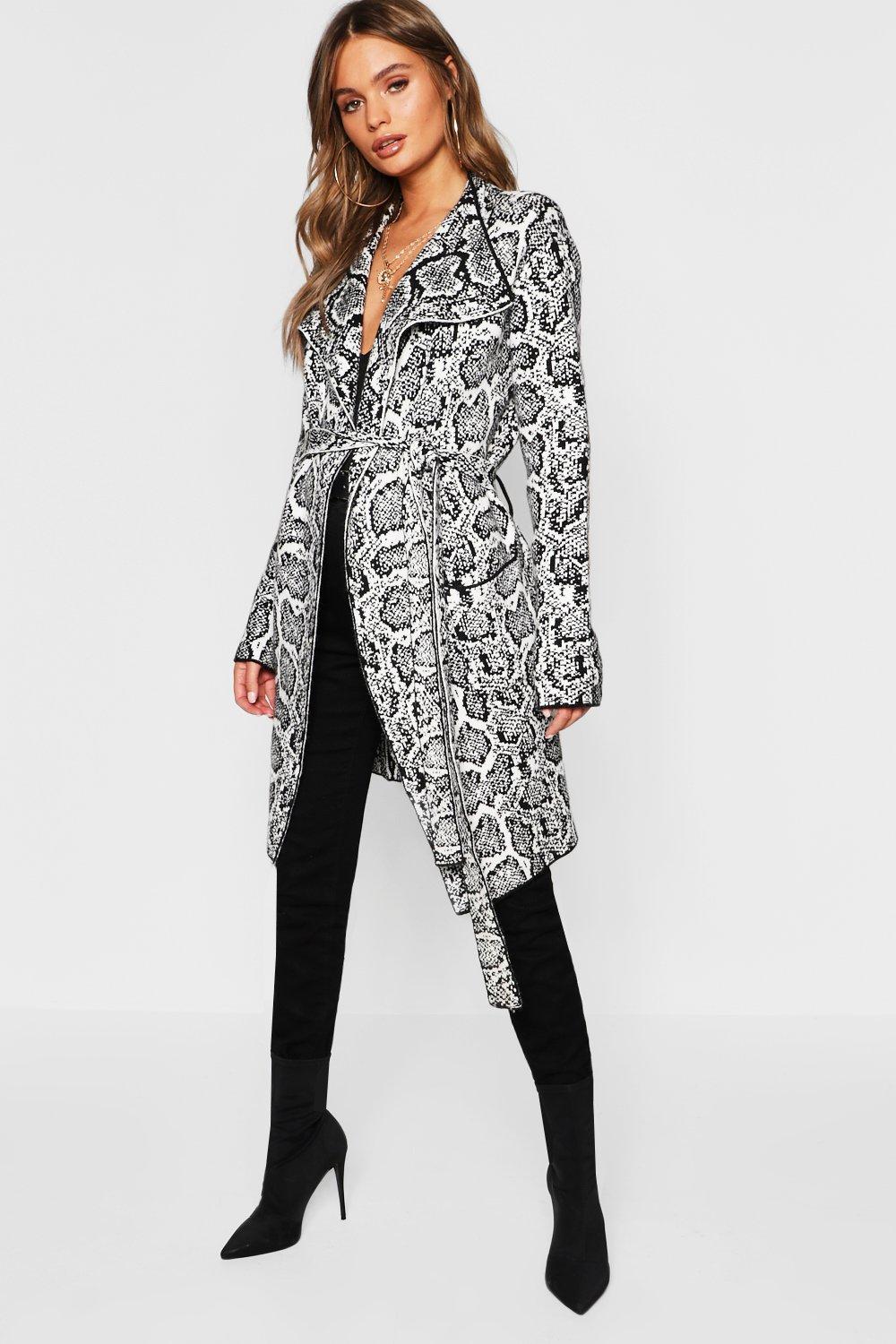 

Snake Print Belted Cardigan, White