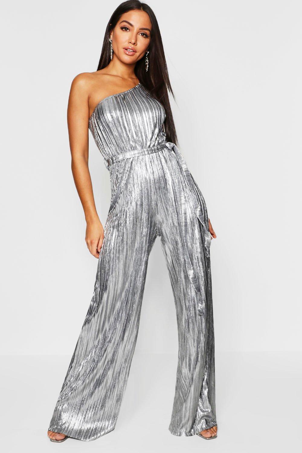 metallic plisse jumpsuit