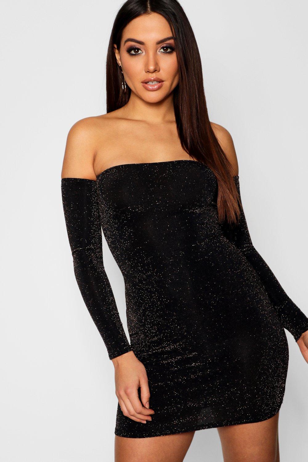 black glitter off the shoulder dress