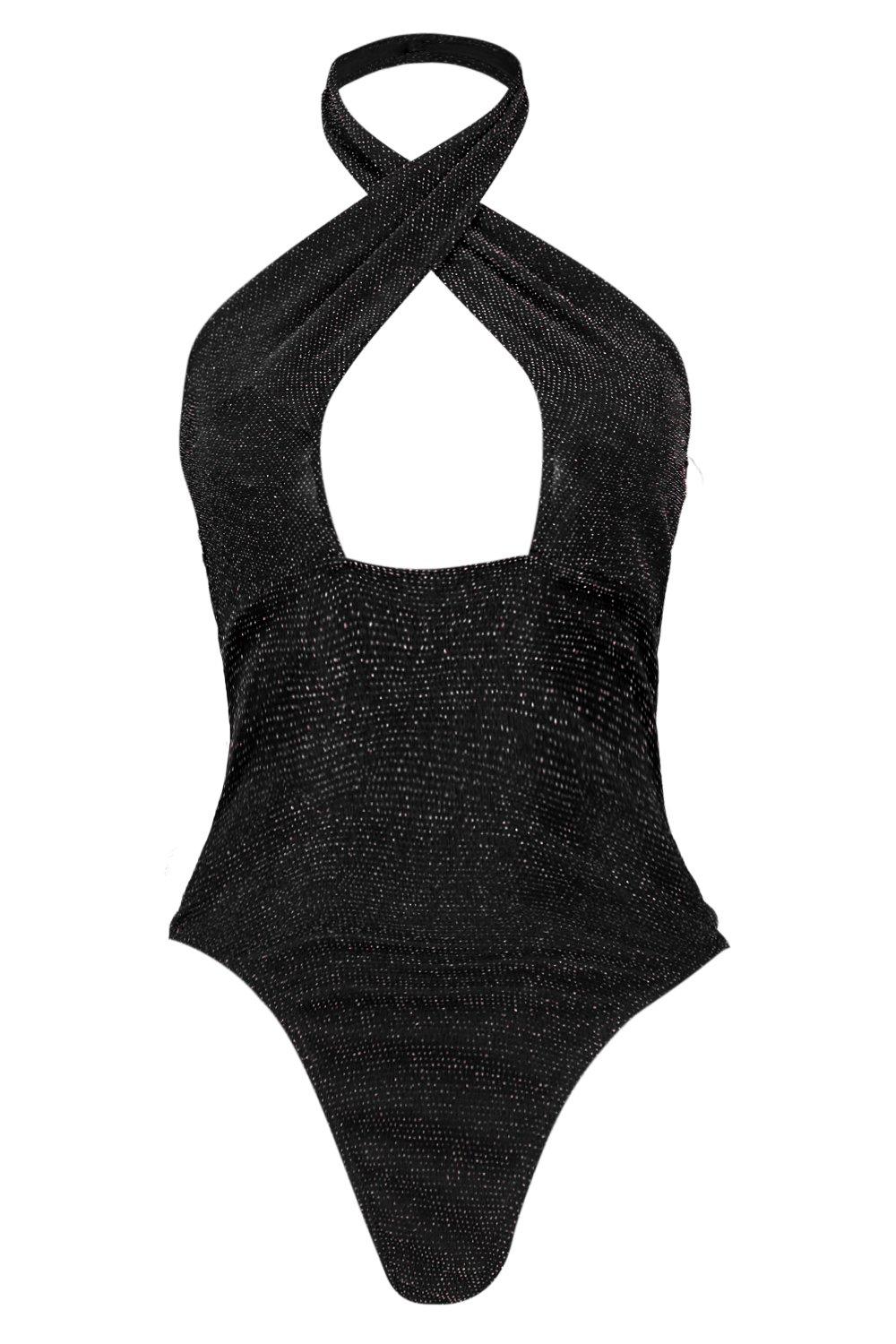 

Glitter Wrap Over Plunge Bodysuit, Black