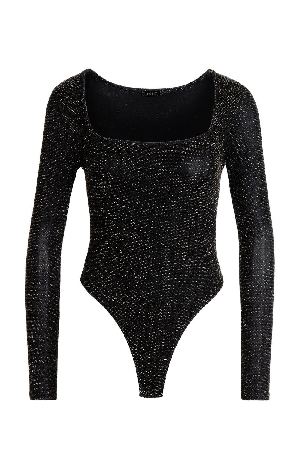 

Glitter Square Neck Long Sleeve Bodysuit, Black