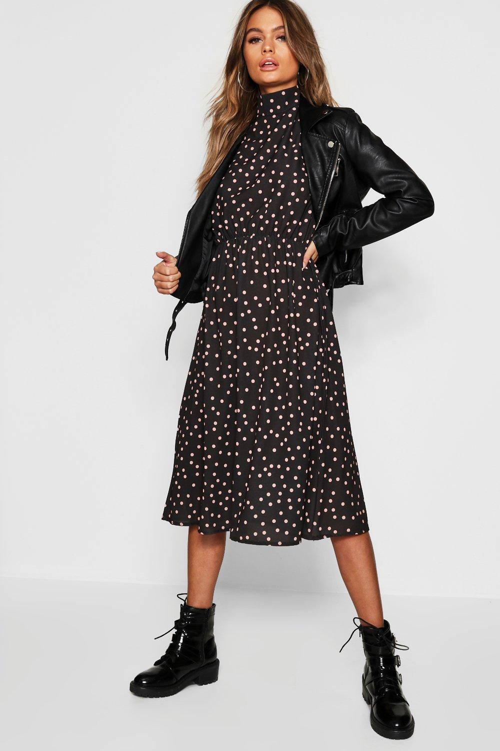 polka dot dress with leather jacket