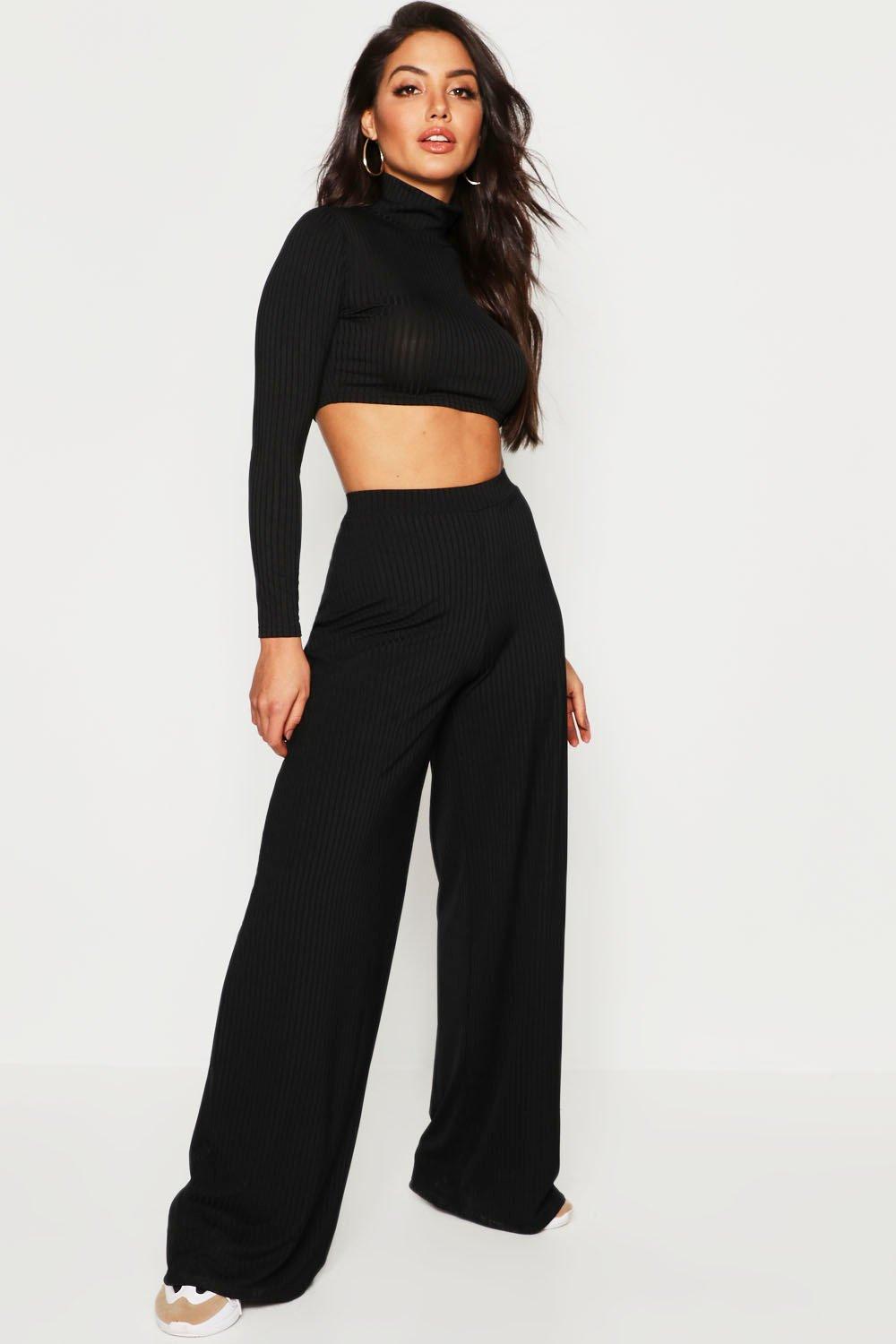 Jumbo Rib High Waist Wide Leg Pants Boohoo