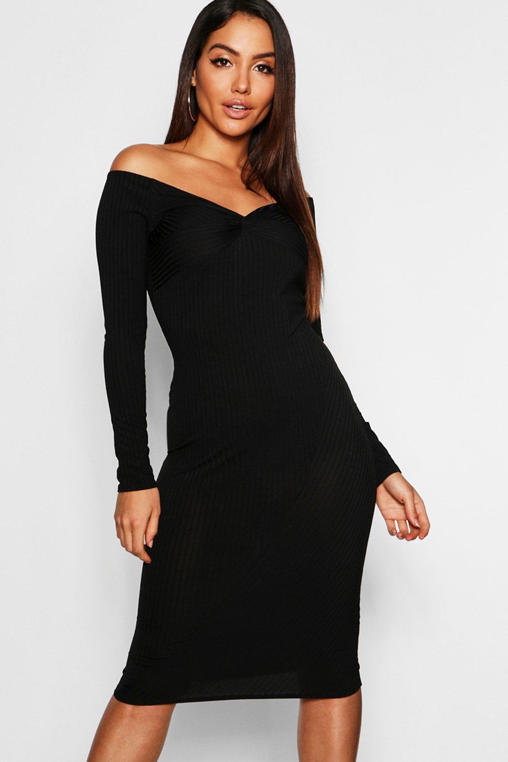 black ribbed off the shoulder dress