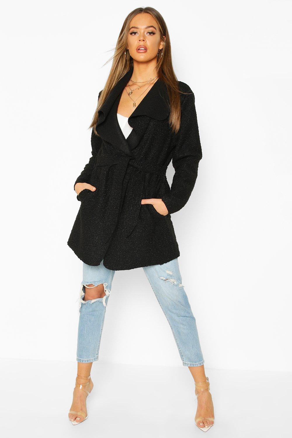 

Belted Waterfall Faux Fur Teddy Coat, Black