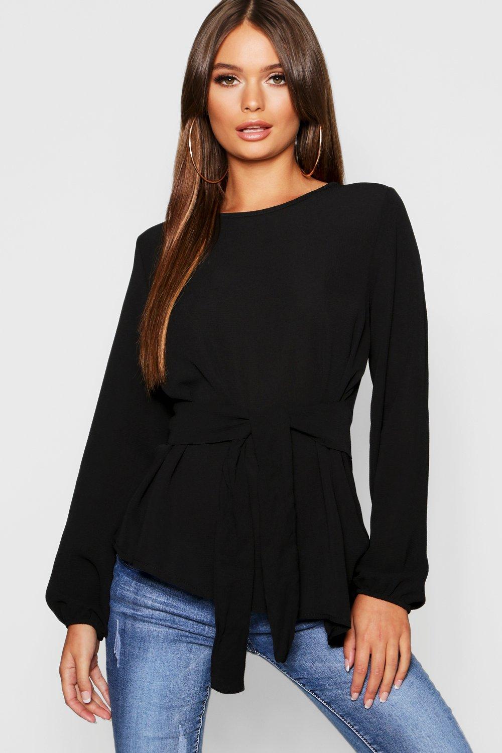 

Топ из ткани с поясом с асимметричным подолом, Black