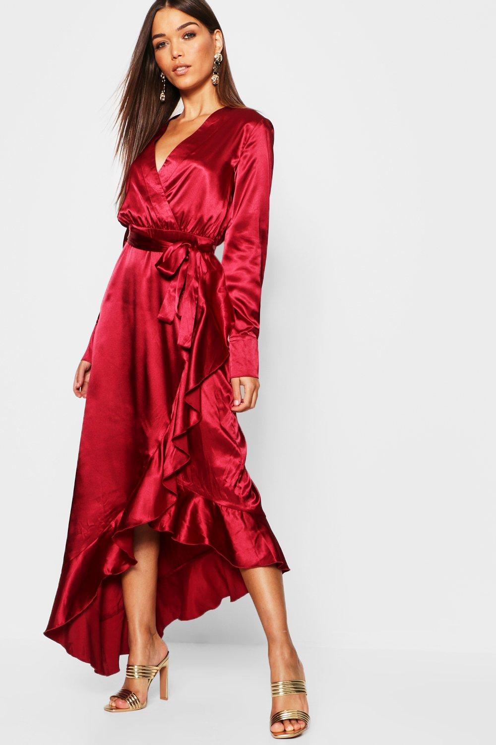 burgundy satin long sleeve wrap dress