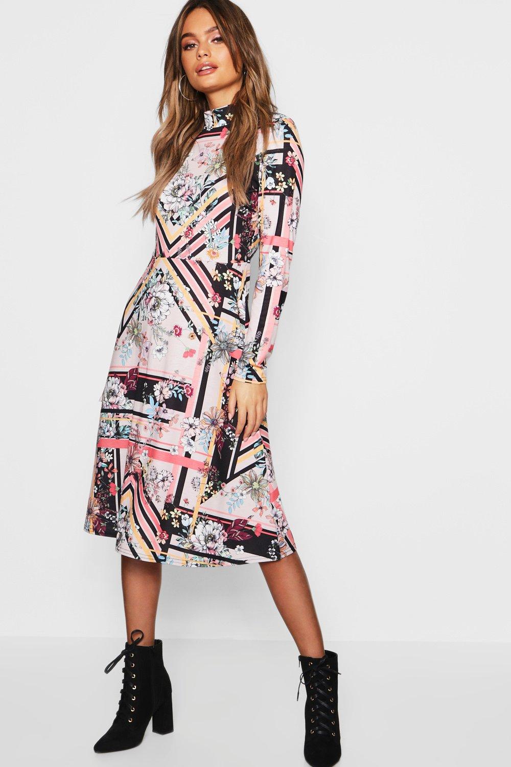 high neck long sleeve floral dress