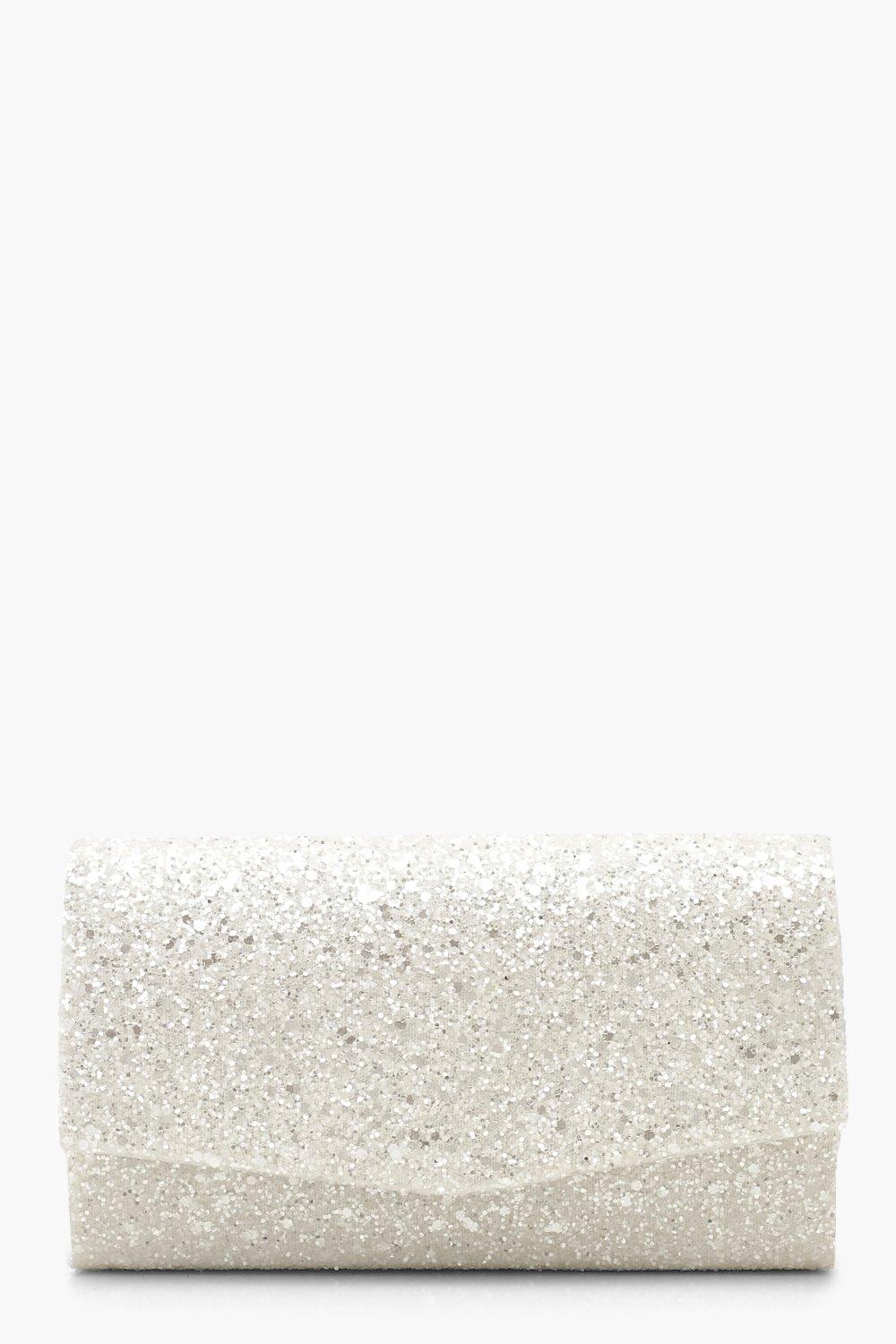 white glitter clutch bag