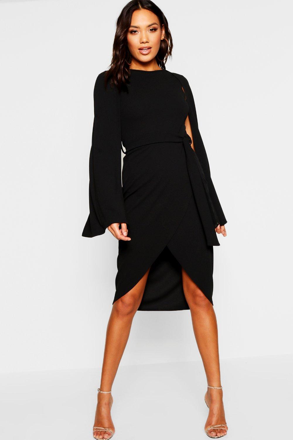 black wrap midi dress with sleeves