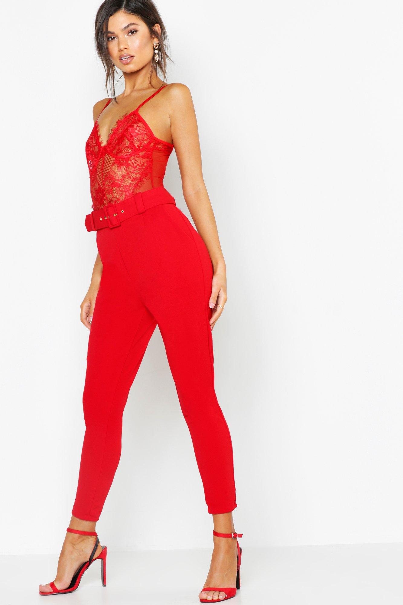 red high waisted trousers