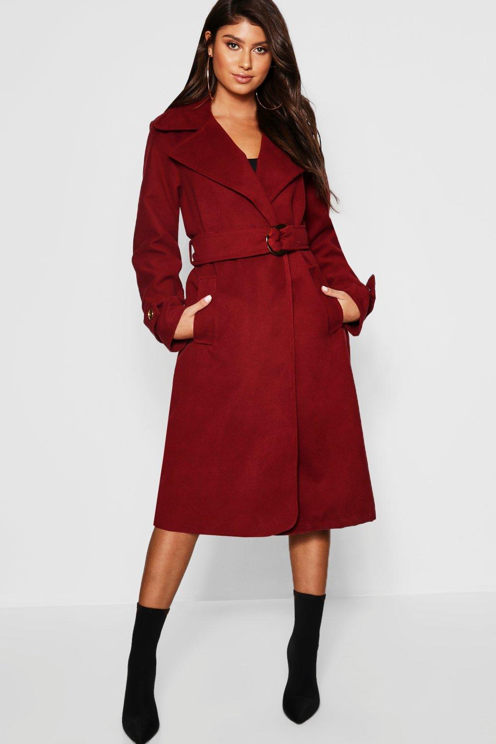 

Gold Buckle Belted Wool Look Coat, Wine