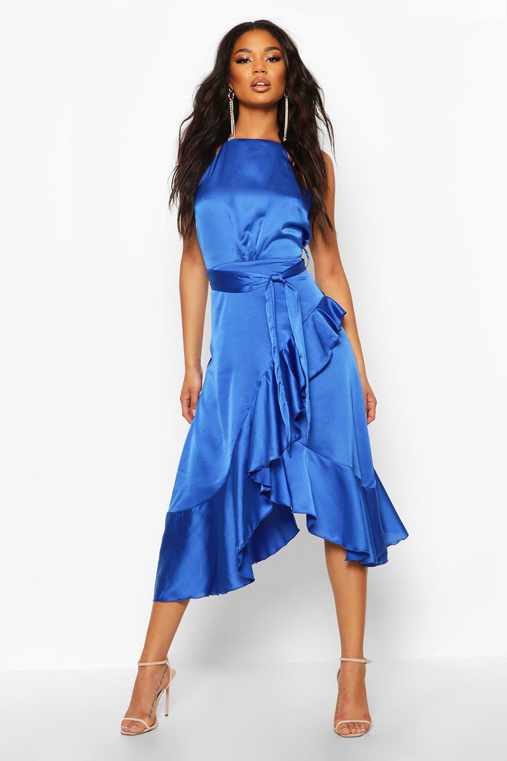satin frill wrap midi dress