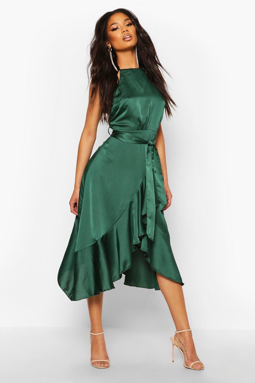 green wrap satin dress
