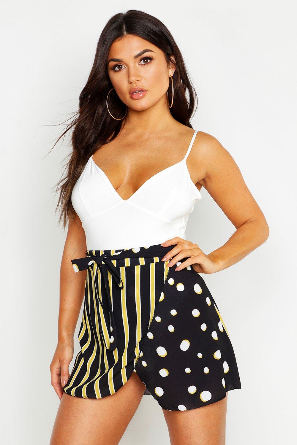 

Spot & Stripe Wrap Tie Mini Skirt, Black