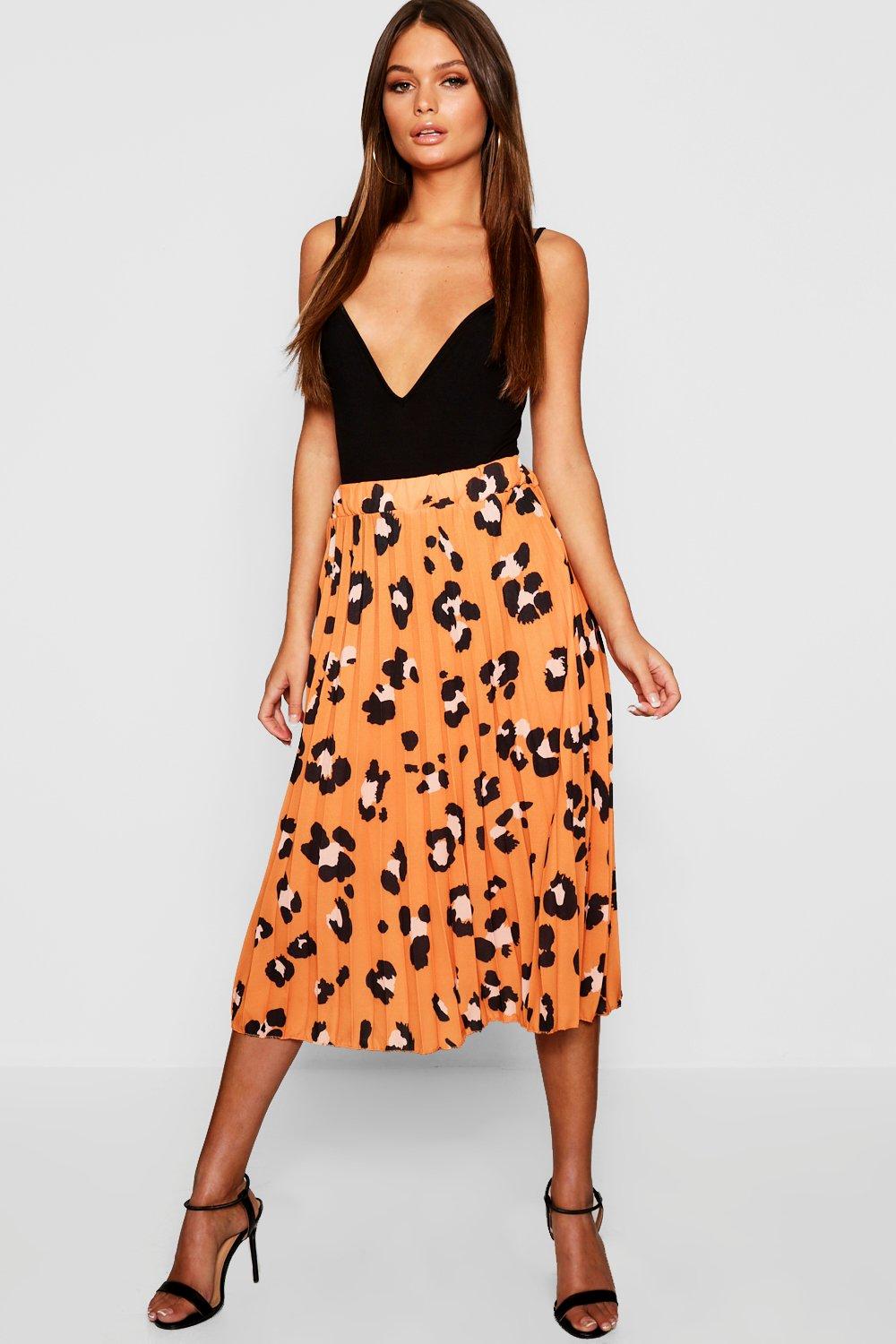 leopard print midi pleated skirt