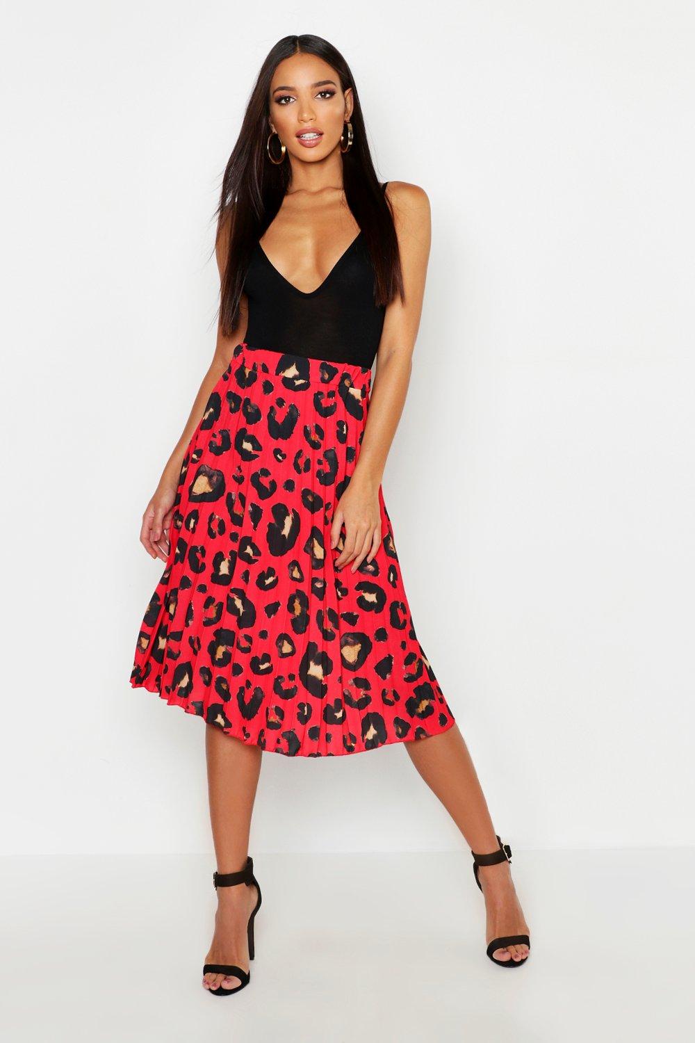 red leopard print skirt midi