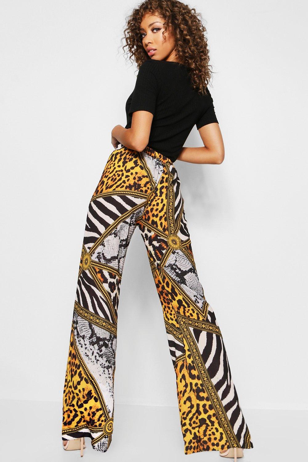 

Mixed Animal Print Satin Wide Leg Trouser, Black